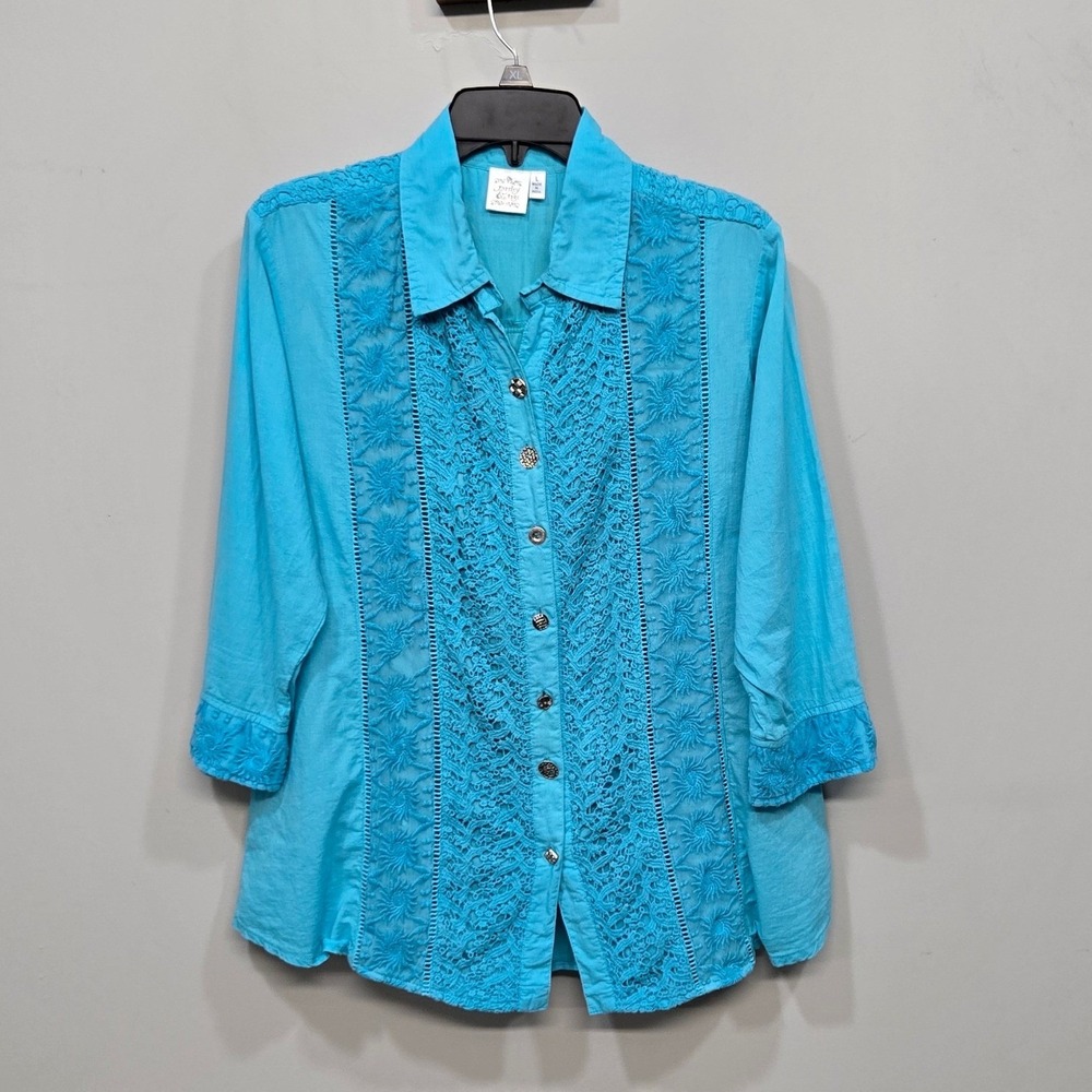 Parsley & Sage Button Up Shirt Large Blue Cotton Crochet Lace Embroidered Boho